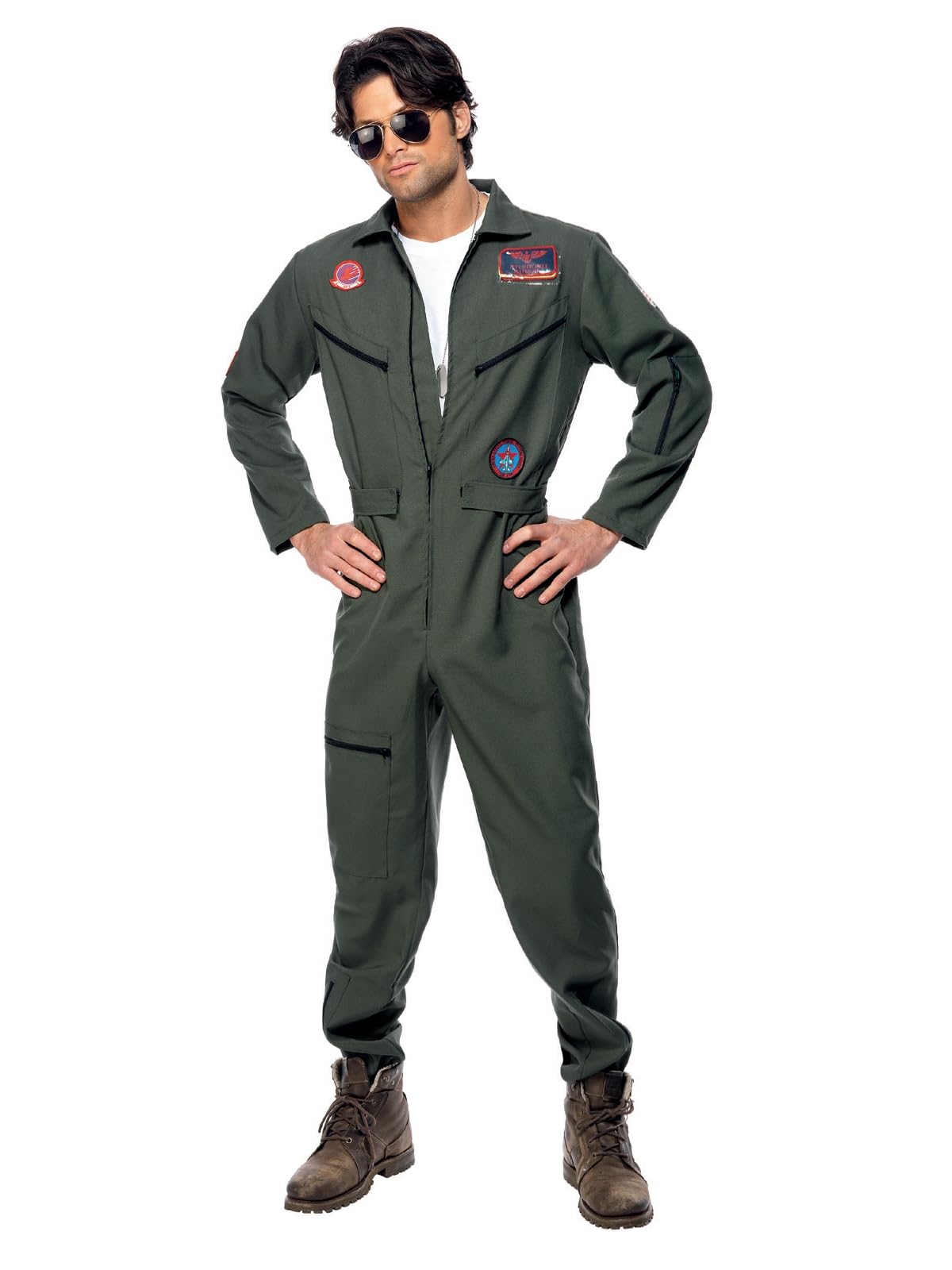 Smiffys Top Gun Costume - Adult Green Jumpsuit with Name Tags & Sunglasses 1