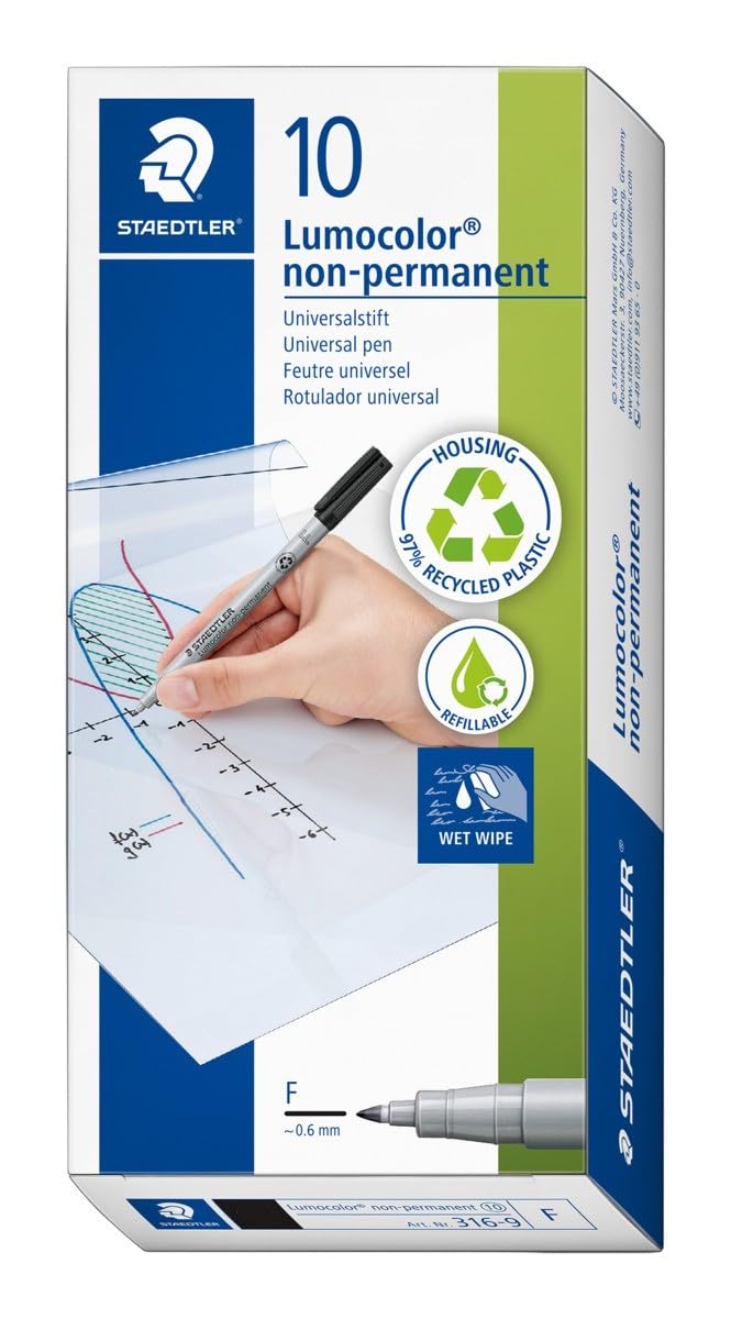 STAEDTLER Lumocolor Non-Permanent Fineliner Pen - Water-Soluble Ink, Refillable | 5 Pack, Black