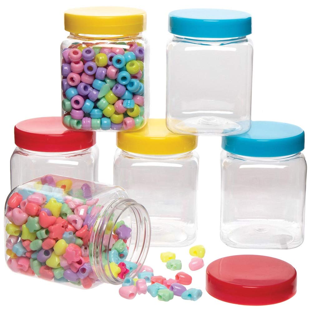 Baker Ross AX111 Craft Storage Jars - Pack of 6 with Coloured Lids for Kids Art Projects
