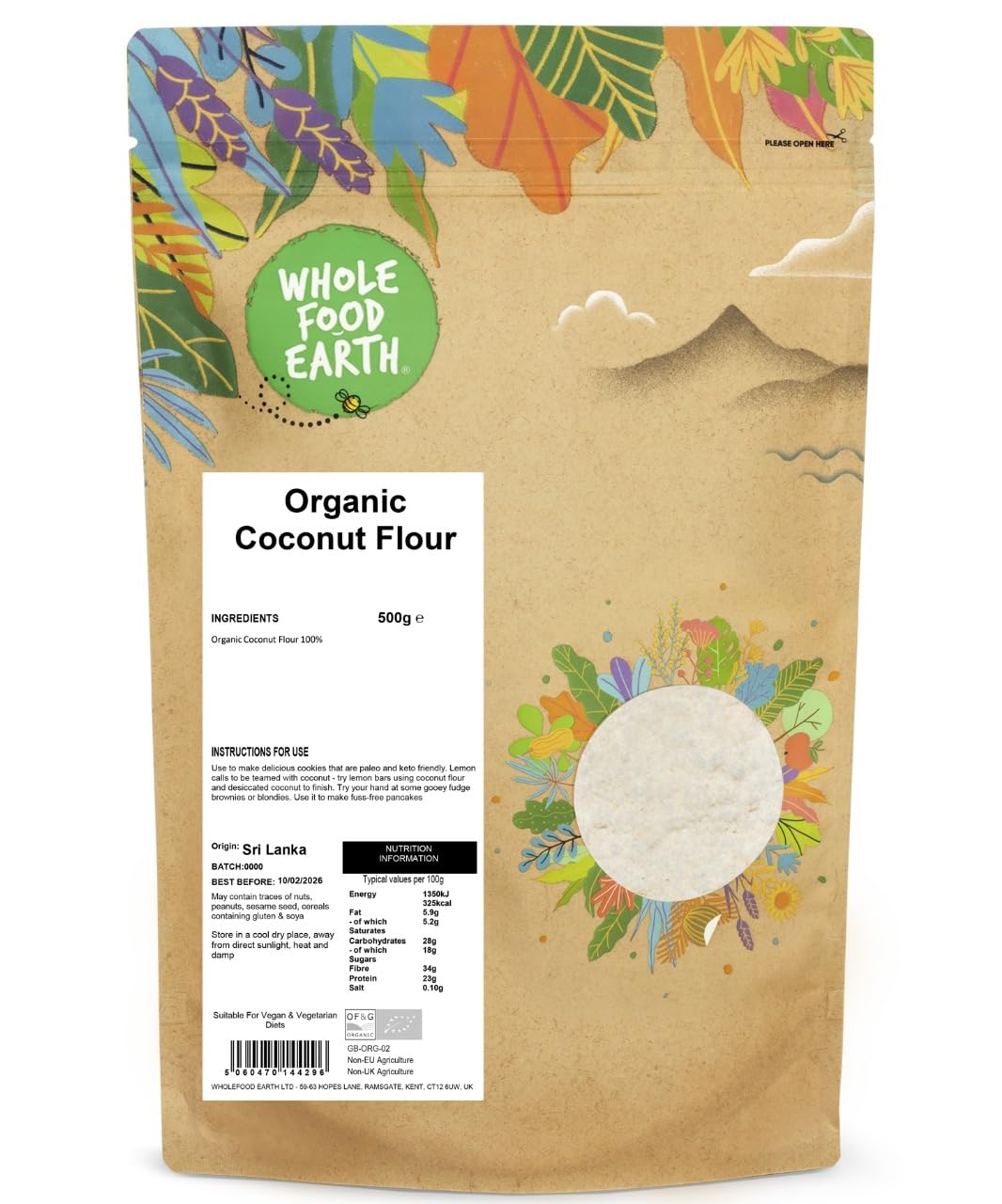 Wholefood Earth Bio-Kokosmehl – 500 g | Gentechnikfrei | Vegan | Ballaststoffreich | Paleo- und Keto-freundlich