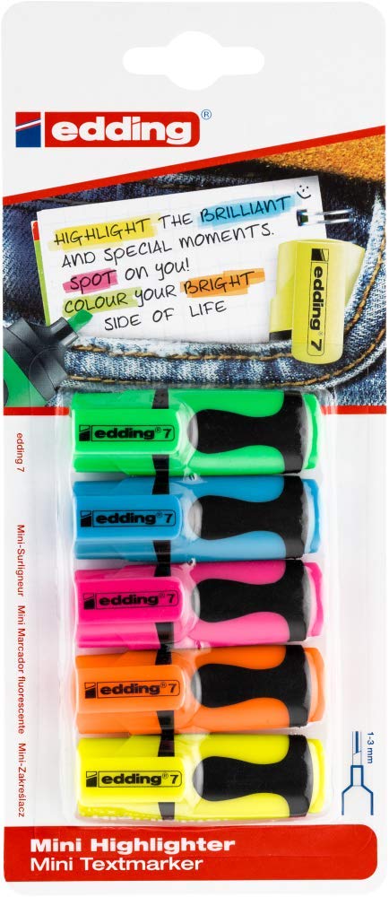 edding 7 Mini Highlighter - 5 Pack Neon Colours | Chisel Nib | Water-Based Ink
