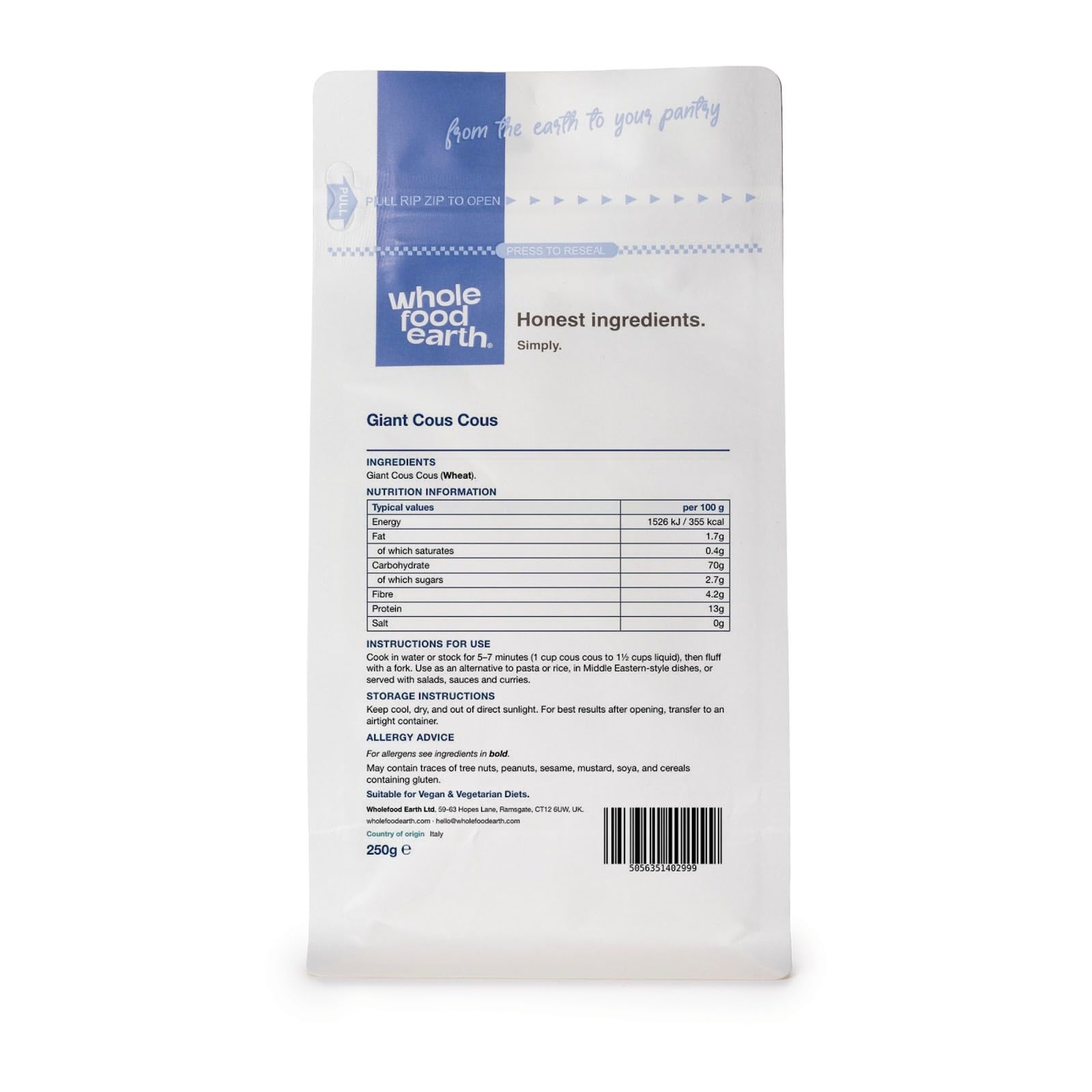 Wholefood Earth Giant Couscous - 250g Pouch | Source of Protein & Fibre | GMO Free
