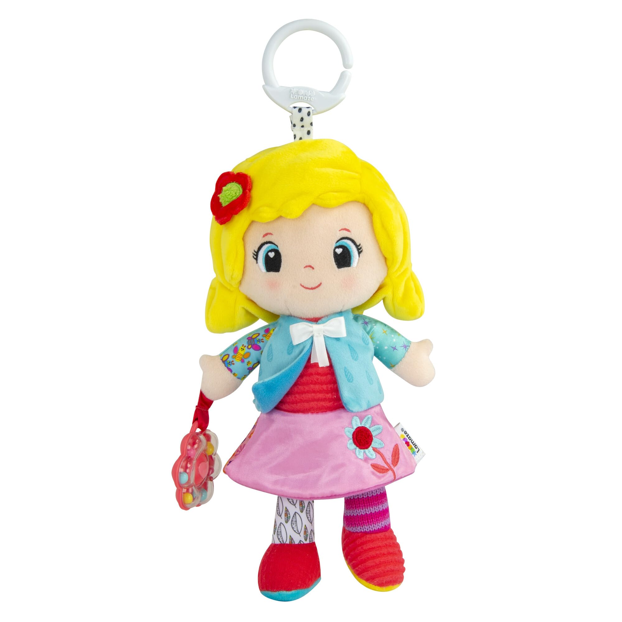 Lamaze My Friend Olivia Clip & Go Pram Toy - Soft Sensory Doll with Rattle and Crinkle Features for Babies 0-6 Months