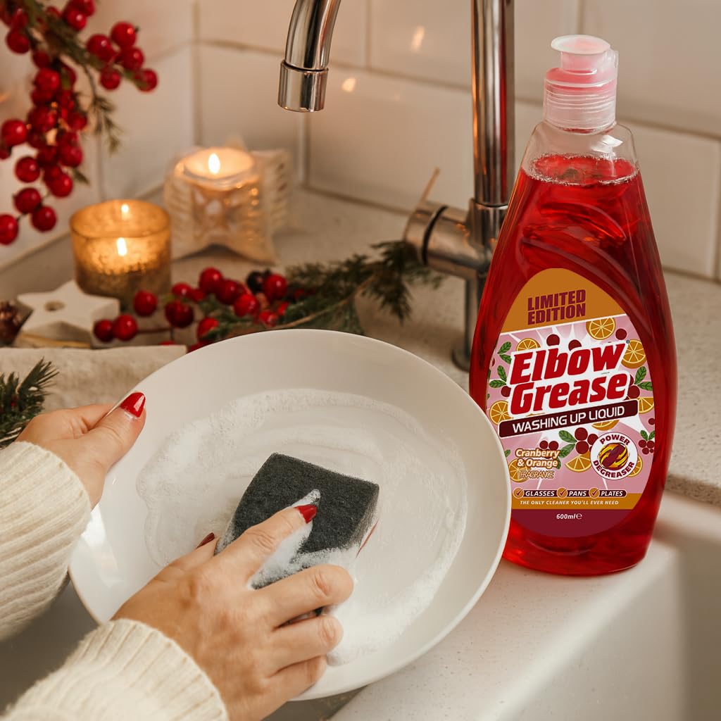 Elbow Grease Washing-Up Liquid - Powerful Degreaser, Streak-Free Shine, Cranberry & Orange Scent, 600ml