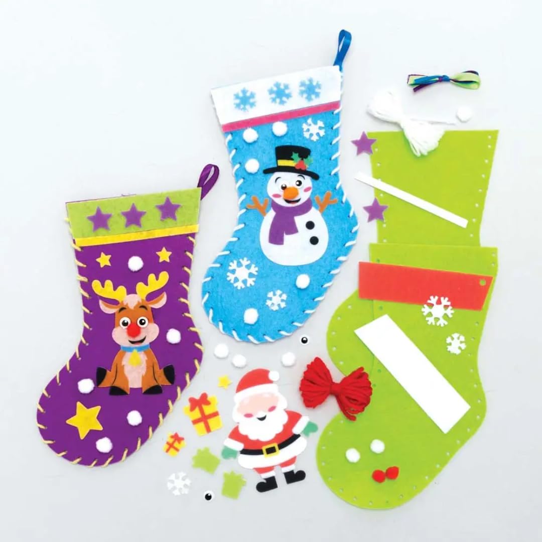 Baker Ross FC147 Christmas Stocking Craft Kits - Pack of 3, Sewing & Decorate for Kids