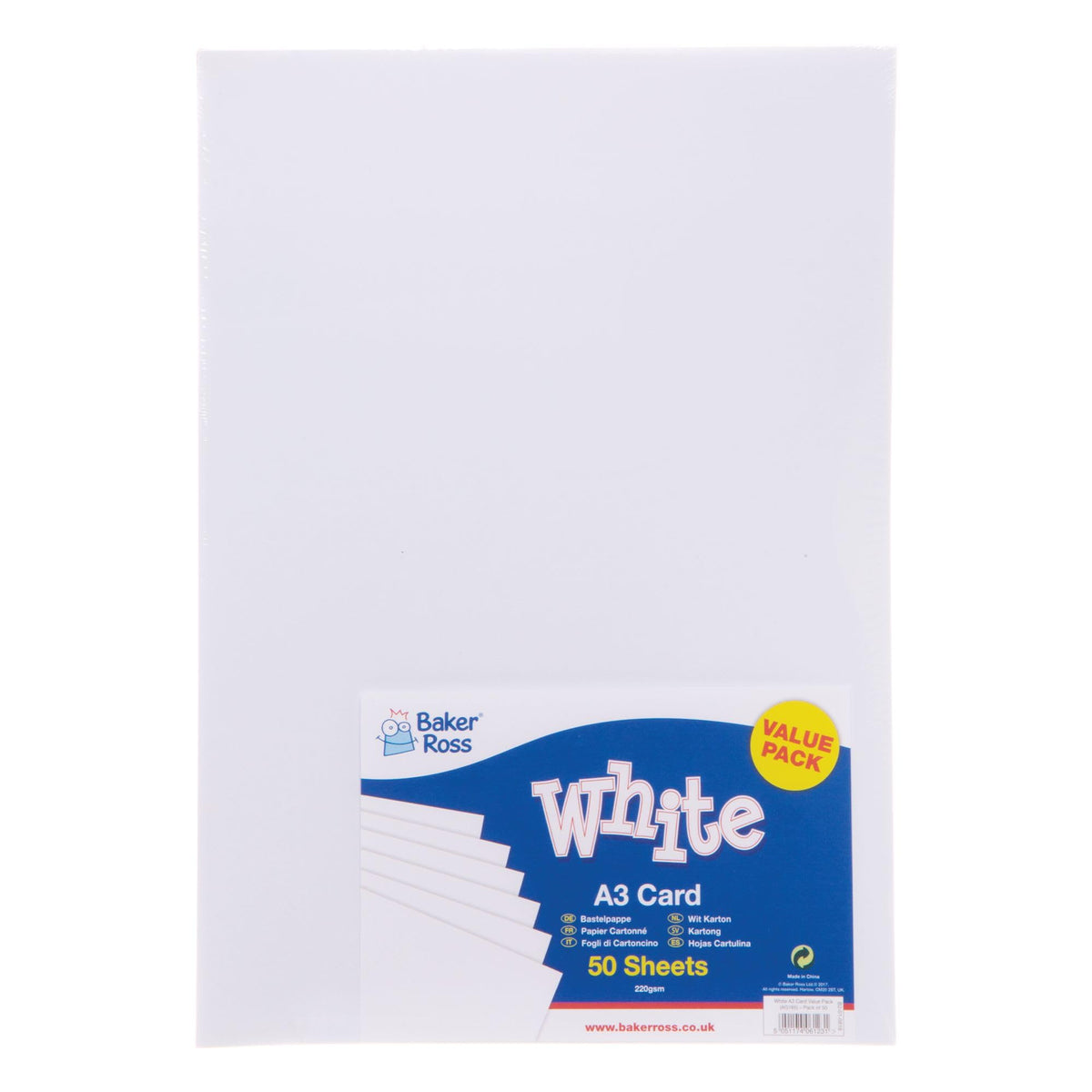 Baker Ross A3 Copier Card - 50 Sheets, 220gsm, Assorted Colours