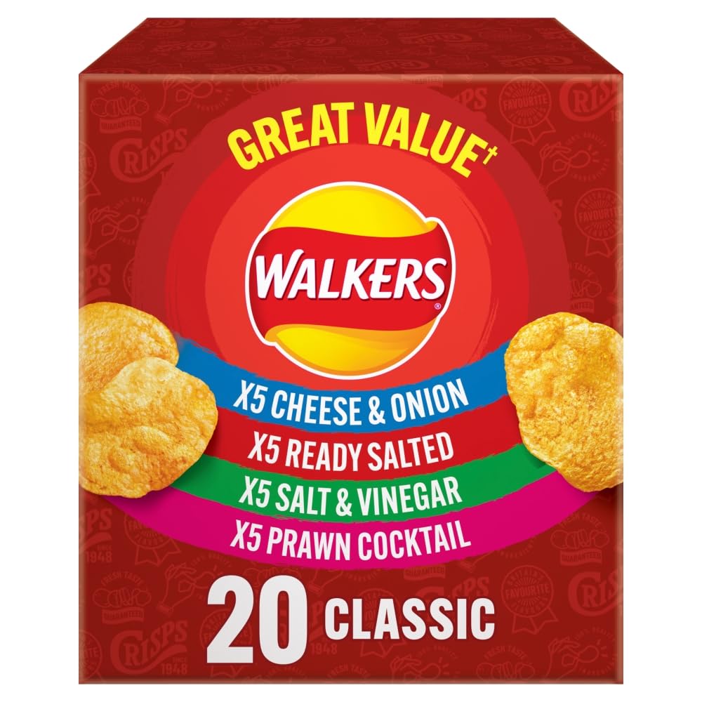 Walkers Classic Variety Multipack Chips Box 20x25g - Fertig gesalzen, Käse & Zwiebeln, Salz & Essig, Krabbencocktail