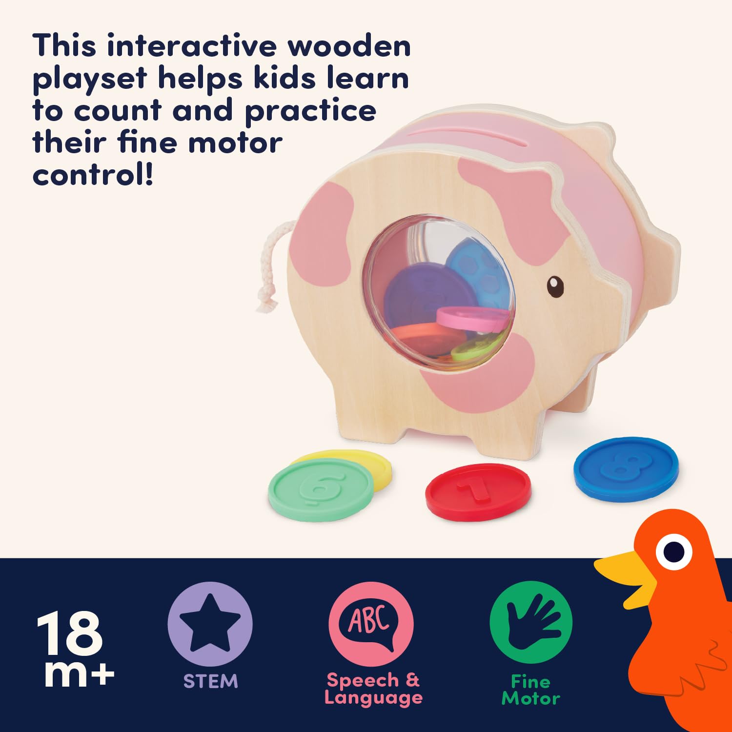Battat Education Wooden Piggy Bank - Counting & Fine Motor Skills Toy | Ages 18 Months+ 5