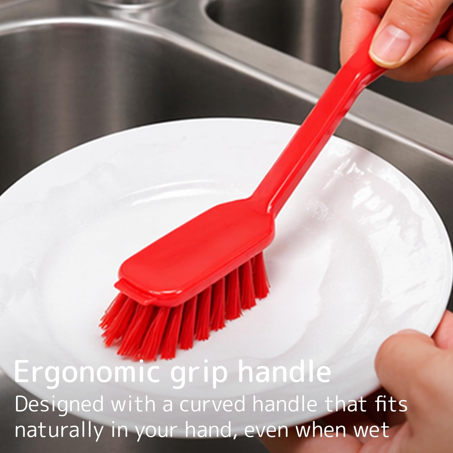 ABENA Red Dishwashing Brush - Stiff Bristle Scraper | 27cm Ergonomic Handle 3