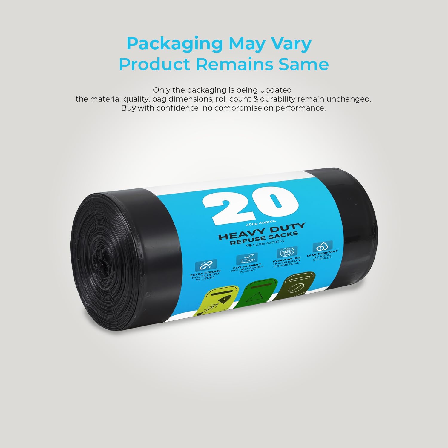 Roe Tenpo 75L Black Bin Bags - 20 Pack, 30 Micron, Leak-Resistant, Eco-Friendly