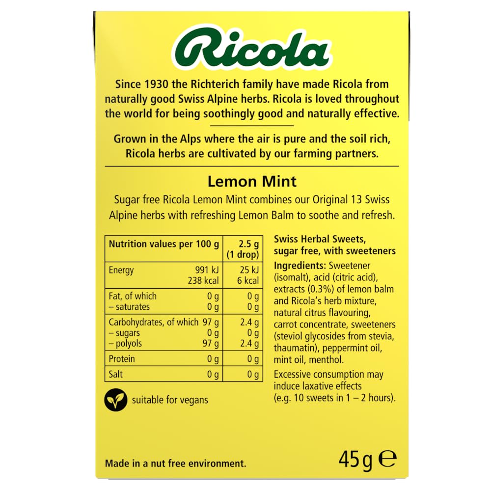 Ricola Lemon Mint Sugar Free Swiss Herbal Sweets, 13 Alpine Herbs, Stevia Sweetened, Multipack of 20 Boxes (45g Each) 3