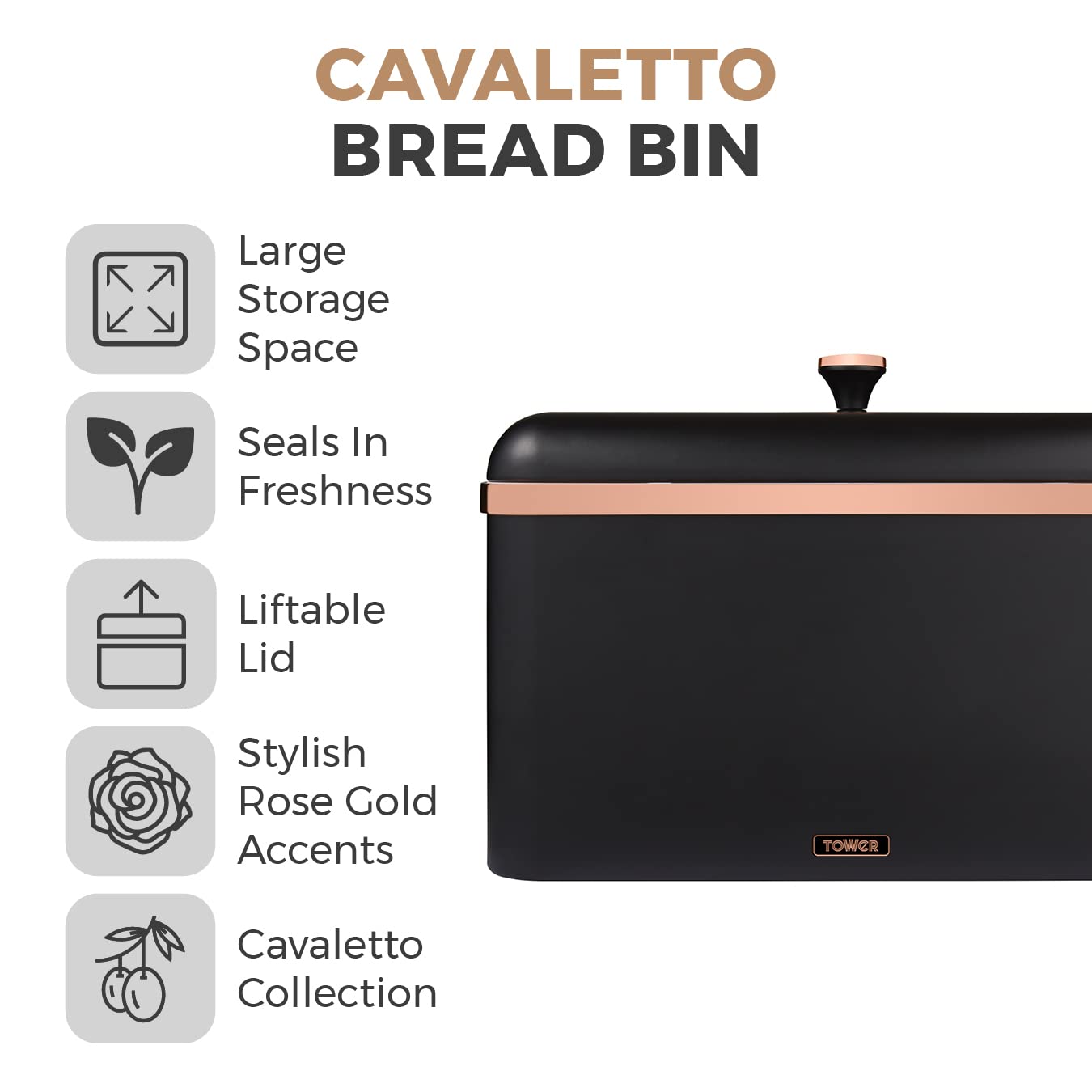 Tower Cavaletto Bread Bin - Large Capacity, Durable Carbon Steel, Removable Lid, Black