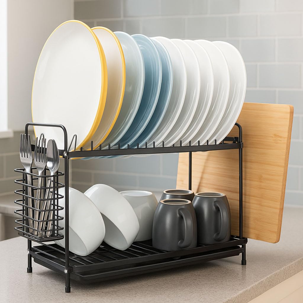 Coselena Multifunctional 2-Tier Stainless Steel Dish Drainer Rack | Rust Resistant | Black 1