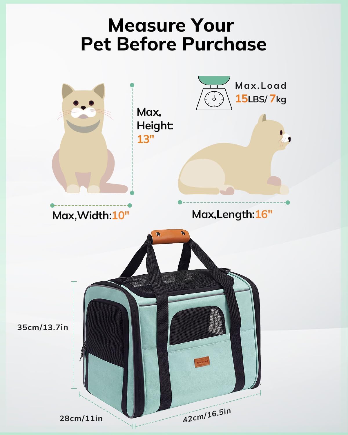 Morpilot Soft-Sided Pet Carrier - Airline Approved, Breathable, Turquoise | 47x32x36cm