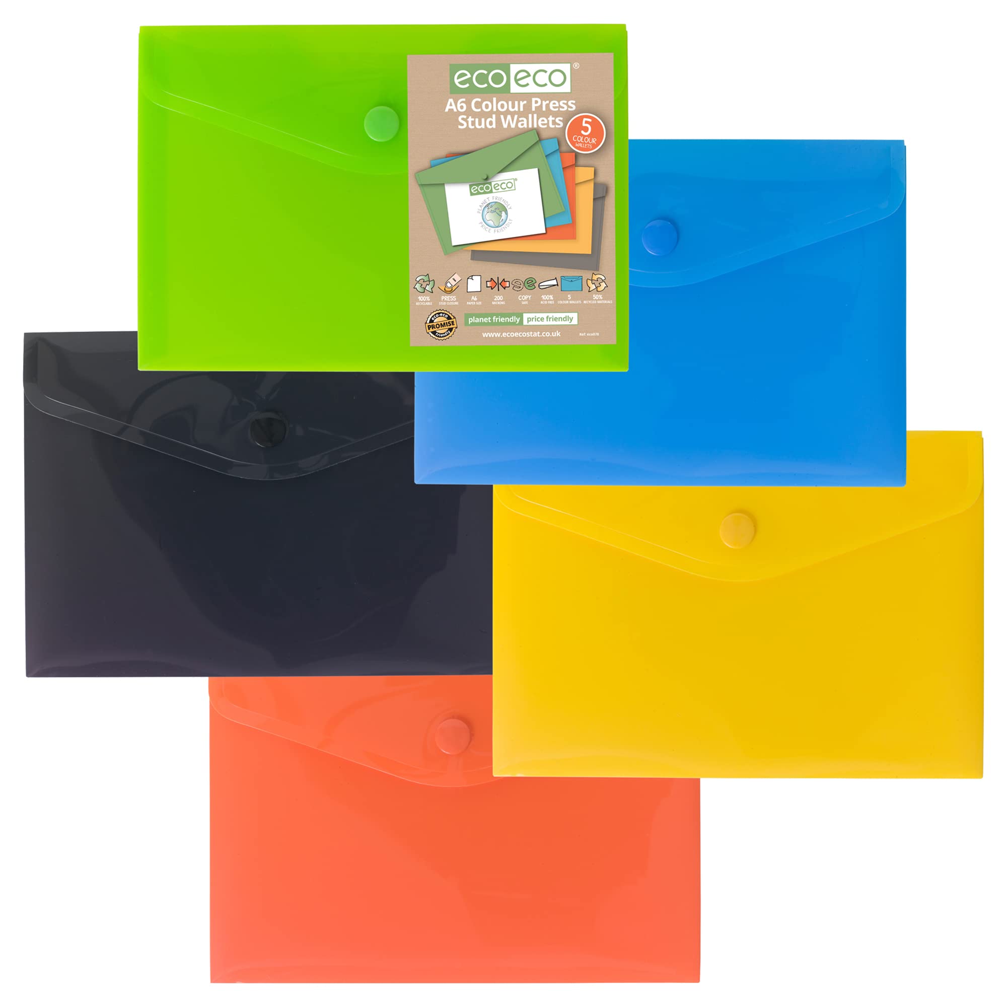 eco-eco A6 Press Stud Popper Wallet - 50% Recycled Plastic Folder | Pack of 5 Assorted Colours