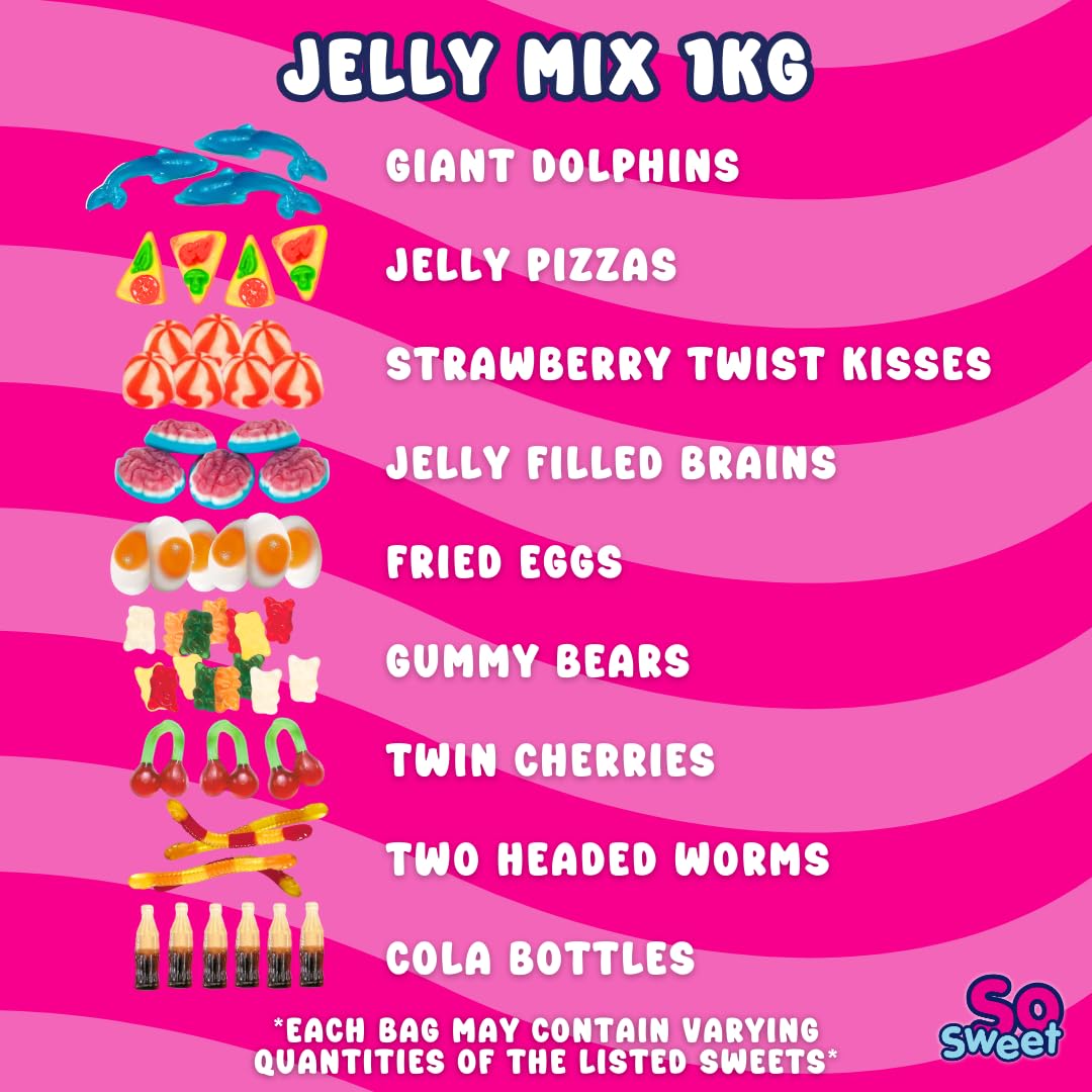 SoSweet Jelly Sweet Mix – 1-kg-Großpackung mit zähen Gelee-Süßigkeiten | Party-Pick & Mix, Leckereien zum Teilen, Gummibärchen, Cola-Flaschen, Doppelkirschen