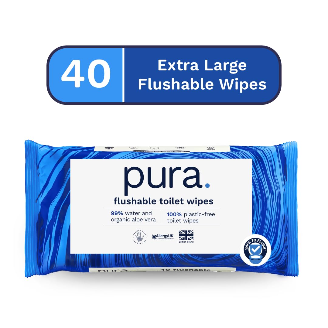 Pura Flushable Moist Toilet Tissue Wipes - 40 Count Pack, 100% Plastic Free 2