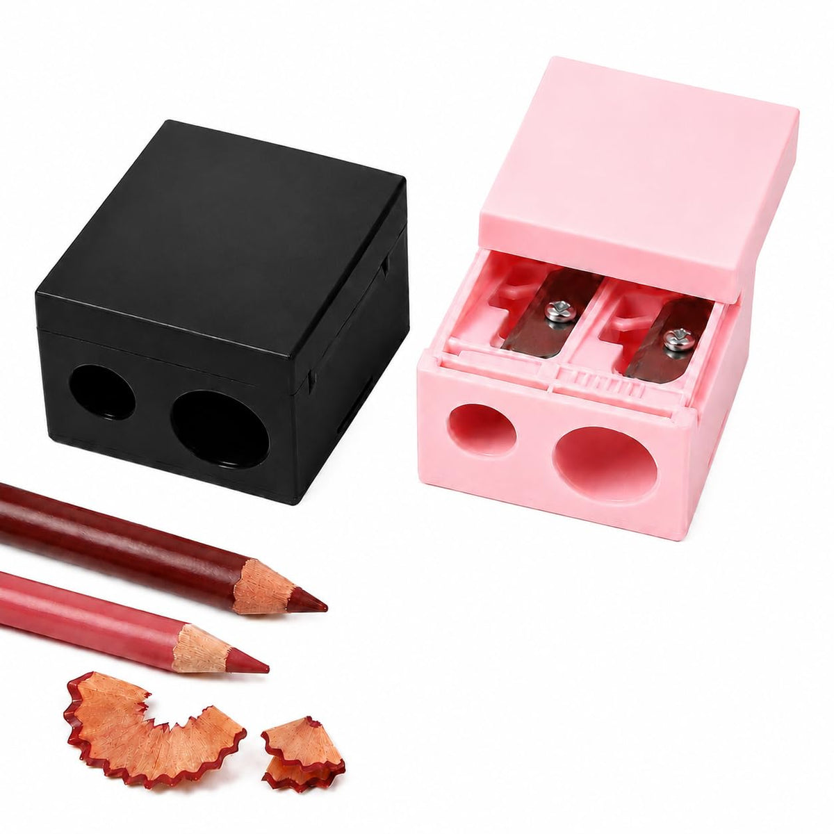 Muexoee Dual Hole Makeup Pencil Sharpener - 2 Pack, Regular & Large Pencils, Black+Pink