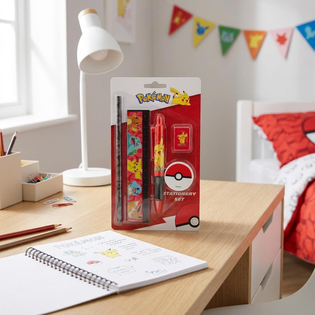 HOX Pokémon Stationery Set - Pikachu Pen, Pencil, Ruler, Sharpener, Eraser | Blue Ink | Kids 3