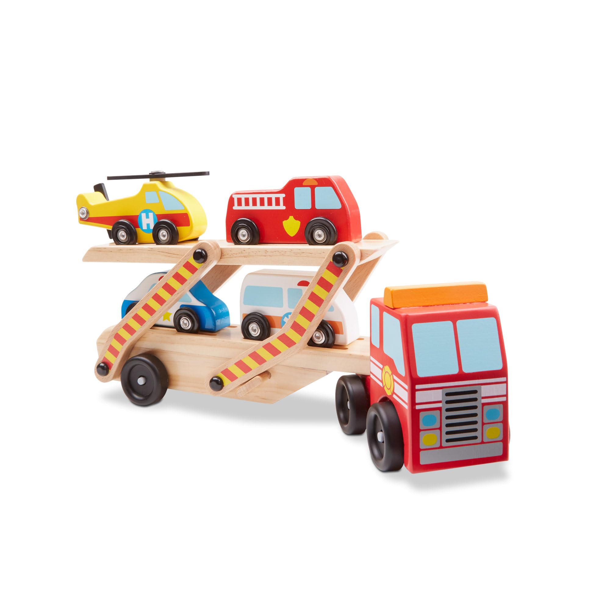 Melissa & Doug Wooden Emergency Vehicle Carrier Toy with 4 Magnetic Vehicles | Ages 3+ 1