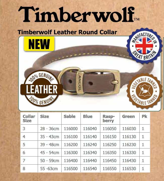Ancol Timberwolf Round Dog Collar - Sable | Size 3 (28-36cm) | Soft Leather 7