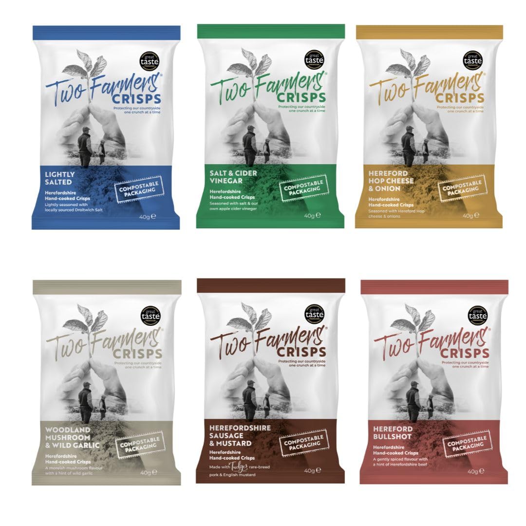 Two Farmers Mixed Selection Crisps Box - Lightly Salted, Salt & Cider Vinegar, Herefordshire Hop Cheese & Onion, Hereford Bullshot, Sausage & Mustard, Woodland Mushroom & Wild Garlic 6