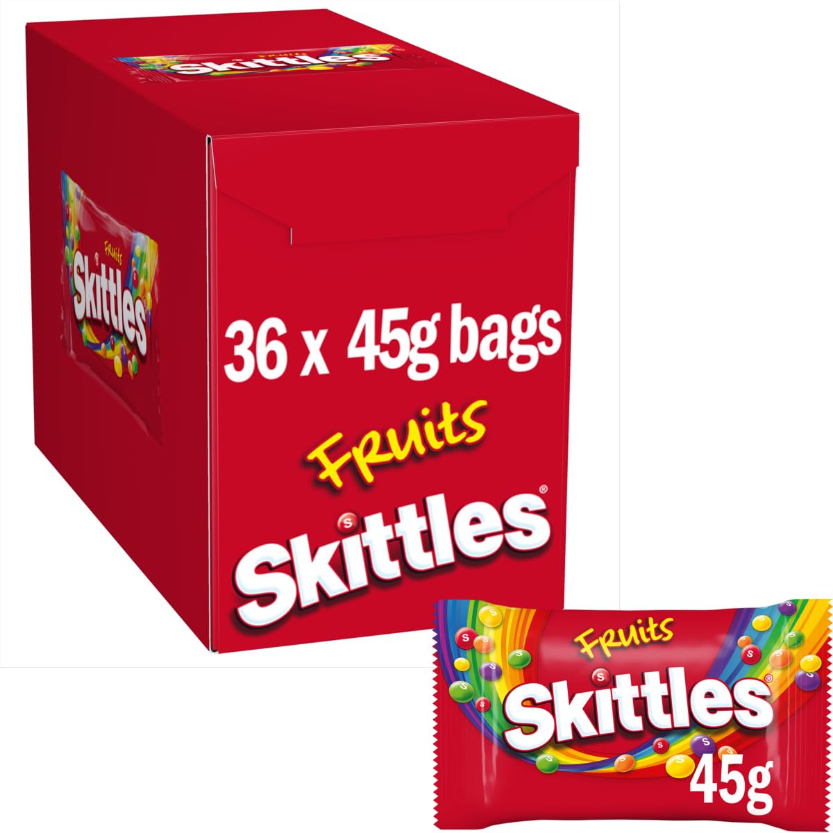 Skittles Vegane Süßigkeiten, 36 Packungen à 45 g, Kaubonbons mit Fruchtgeschmack und knuspriger Hülle, Großpackung
