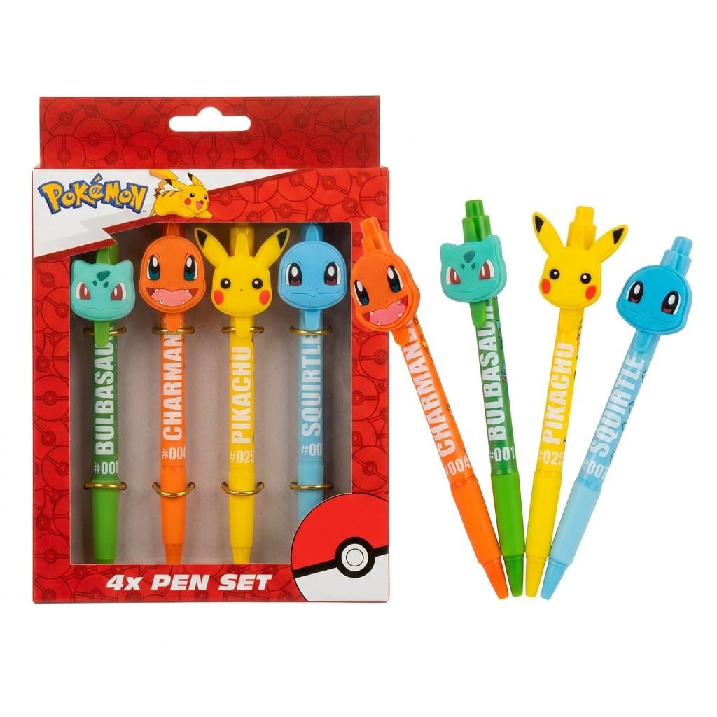 HOX Pokémon 4 Pack Ballpoint Pens - Pikachu, Charmander, Squirtle & Bulbasaur | Blue Ink