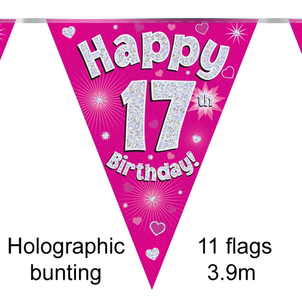 OakTree Happy 17th Birthday Bunting - Pink Holographic Flags | 3.9m Length | 11 Flags