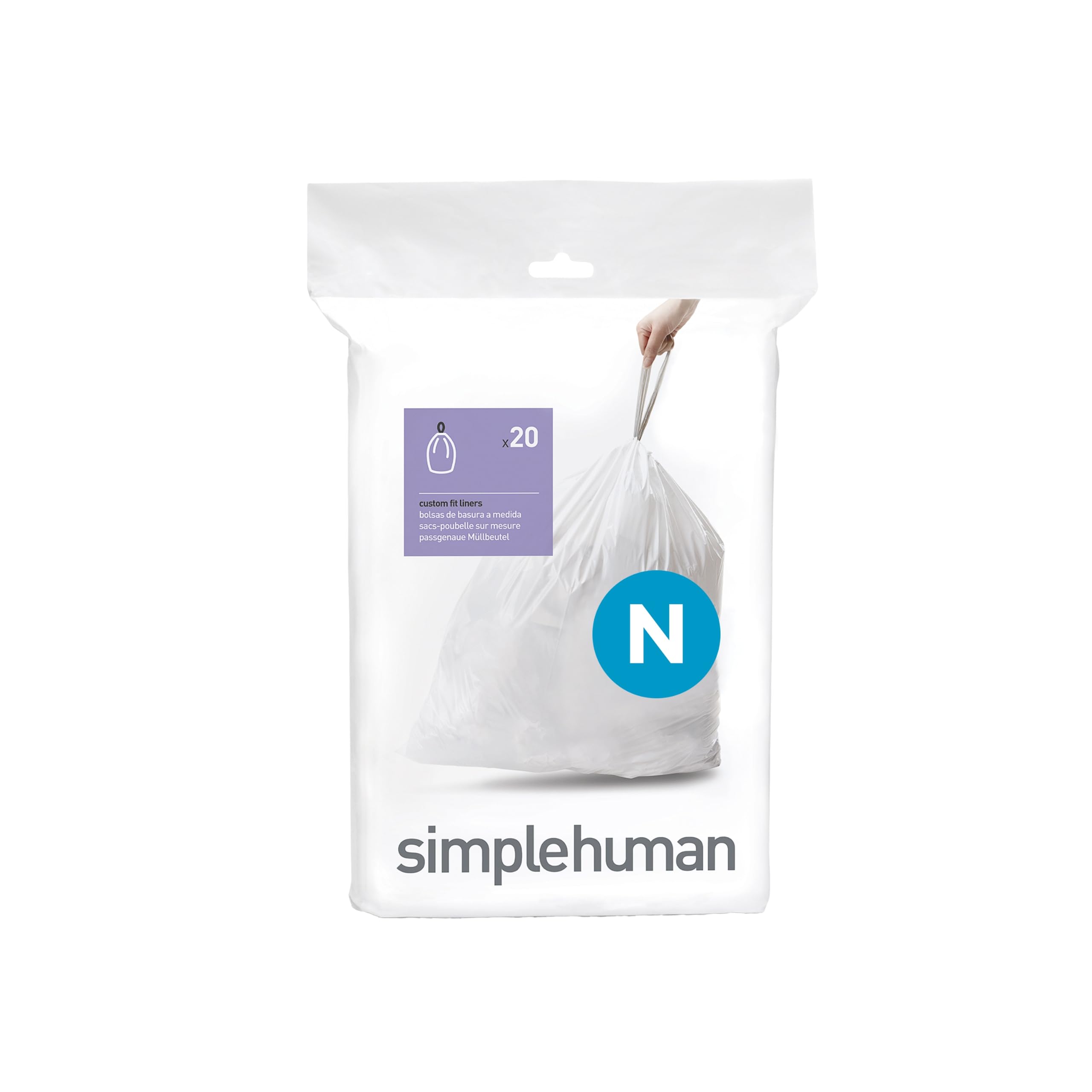 simplehuman Code N Custom Fit Bin Liners - 50 Litre Capacity, White Plastic, Pack of 20