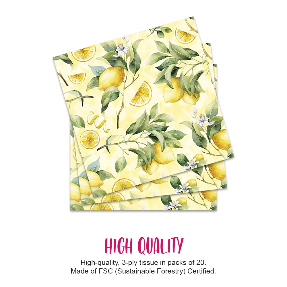 Anniversary House Tiflair Yellow Lemons Lunch Napkins - 3-Ply Paper | 13" x 13" | 20-Pack