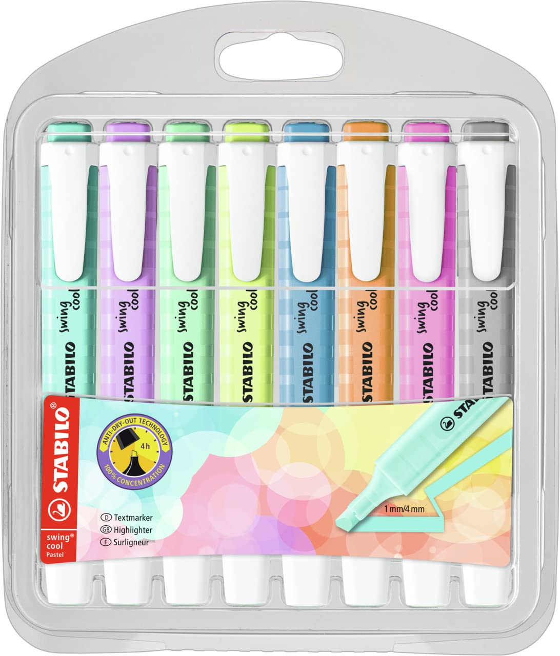 STABILO Highlighter swing cool Pastel - Pack of 8 - Breezy Blue, Touch of Turquoise, Hint of Mint, Pale Orange, Dash of Lime, Lilac Haze, Frozen Fuchsia, Dusty Grey 1