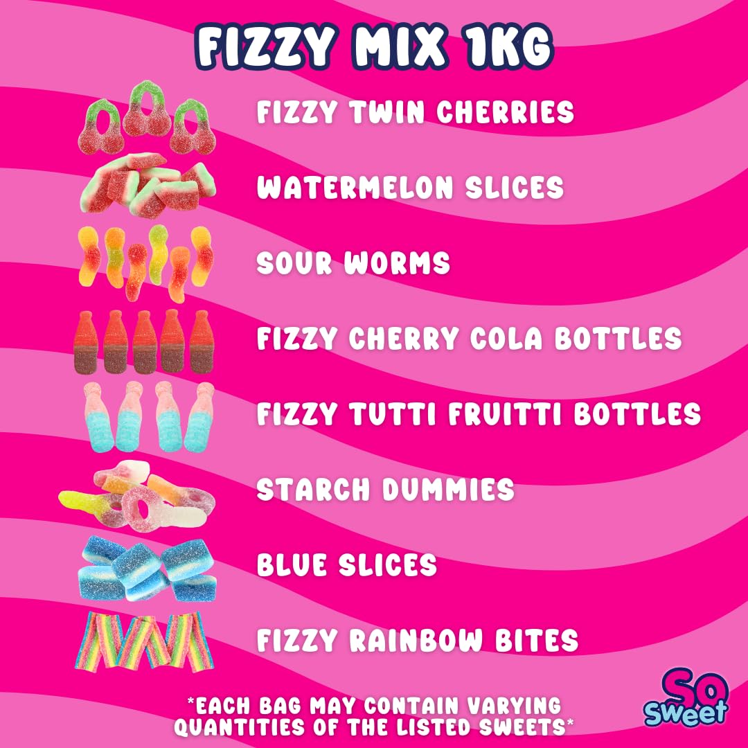 SoSweet Fizzy Sweet Mix – 1 kg spritzige Pick & Mix-Süßigkeiten | Saure Fruchtaromen, Partysüßigkeiten, Leckereien zum Teilen