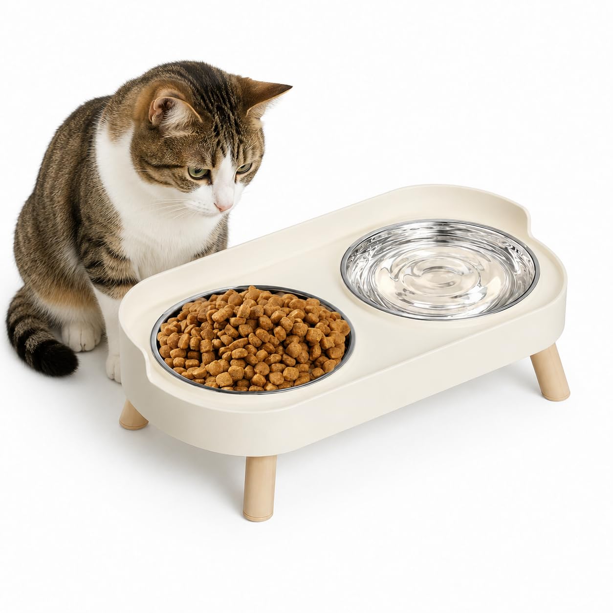 JADUFHU Raised Cat Food Bowls - Dual Stainless Steel Bowls, Splash Proof Design | White