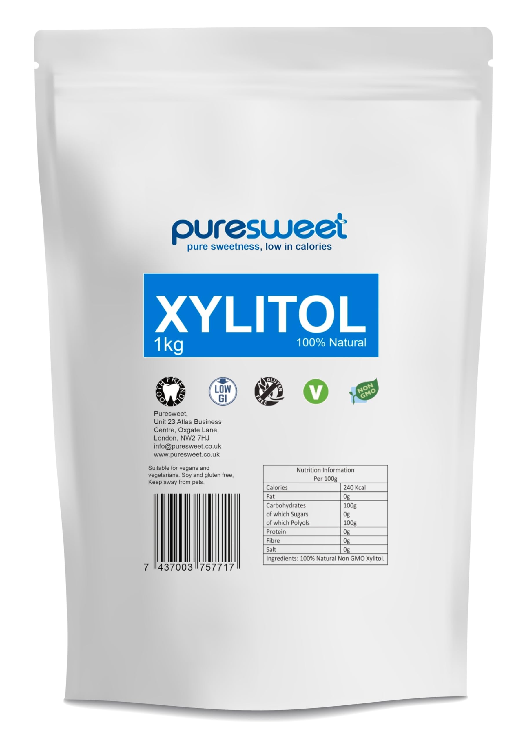 Puresweet® Xylitol 1 kg – Natürliche Zuckeralternative, gentechnikfrei, für Diabetiker und Keto-Patienten geeignet