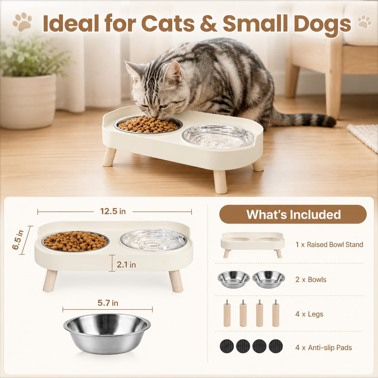 JADUFHU Raised Cat Food Bowls - Dual Stainless Steel Bowls, Splash Proof Design | White