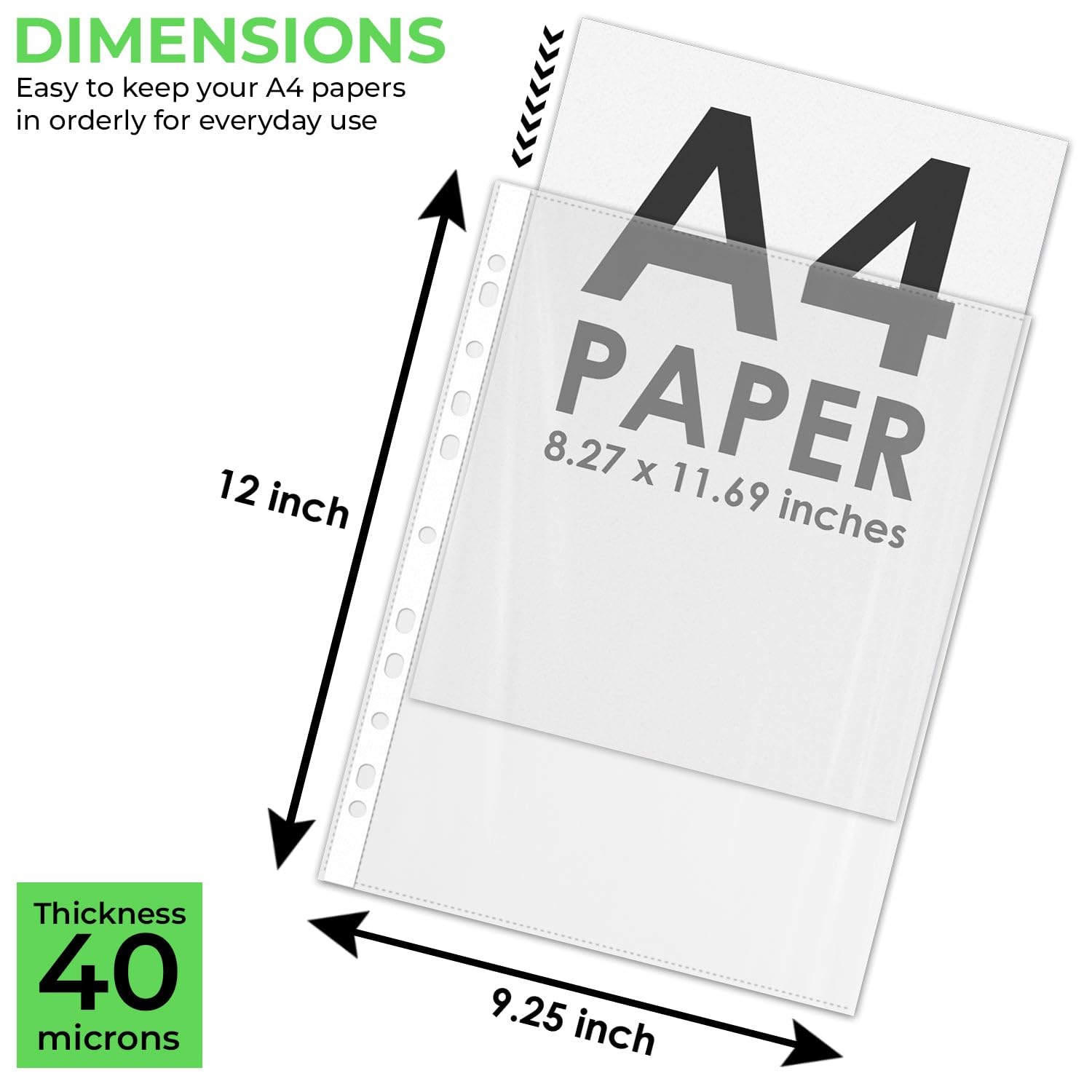 iSOUL A4 Plastic File Pockets - 100 Pack Heavy Duty 40 Micron with 11 Reinforced Holes | Crystal Clear