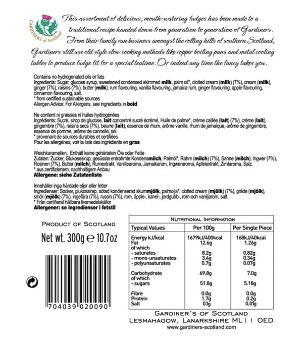 Gardiners of Scotland Luxury Assorted Fudge Tin 300g - Clotted Cream, Ginger, Apple & Cinnamon, Strawberry & Cream, Rum & Raisin