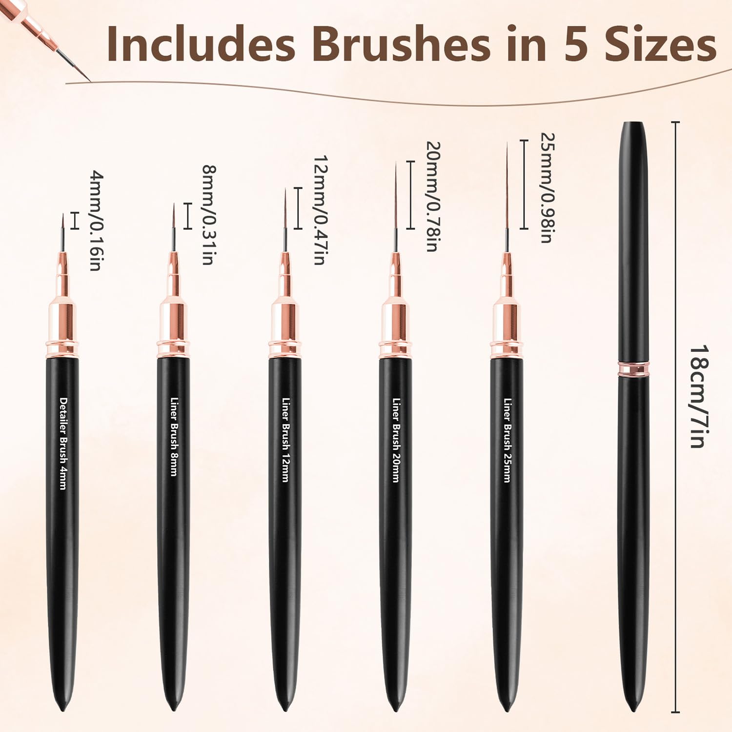 MOXYOY 5Pcs Nail Art Liner Brushes Set - Ultra-Soft Nylon, Metal Handles, 5 Sizes (4mm-25mm)