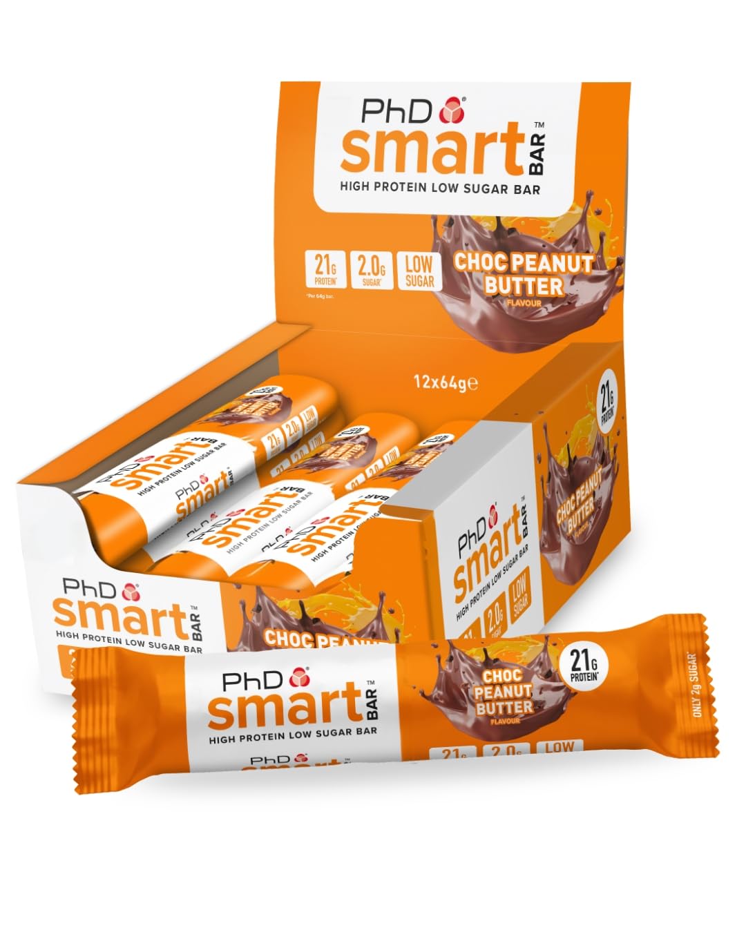 PhD Nutrition Smart Protein Bar Low Sugar High Protein Chocolate Peanut Butter 64g (12 Pack)
