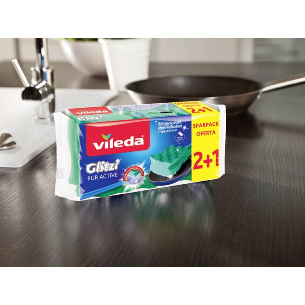 Vileda Glitzi PUR Active Pots and Dishes Cleaner - Patented Non-Scratch Surface | 3 Count | Green 1