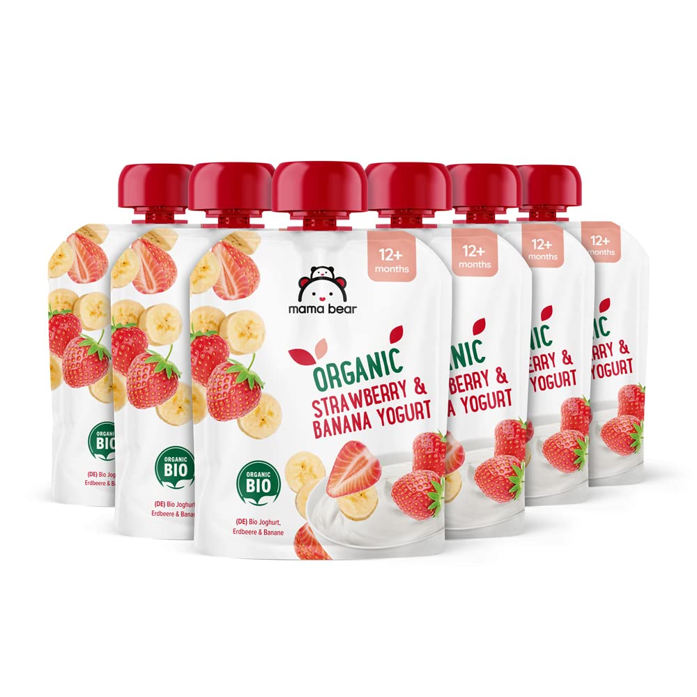 Mama Bear Organic Strawberry & Banana Yogurt Purée, 6 x 90g Pouches