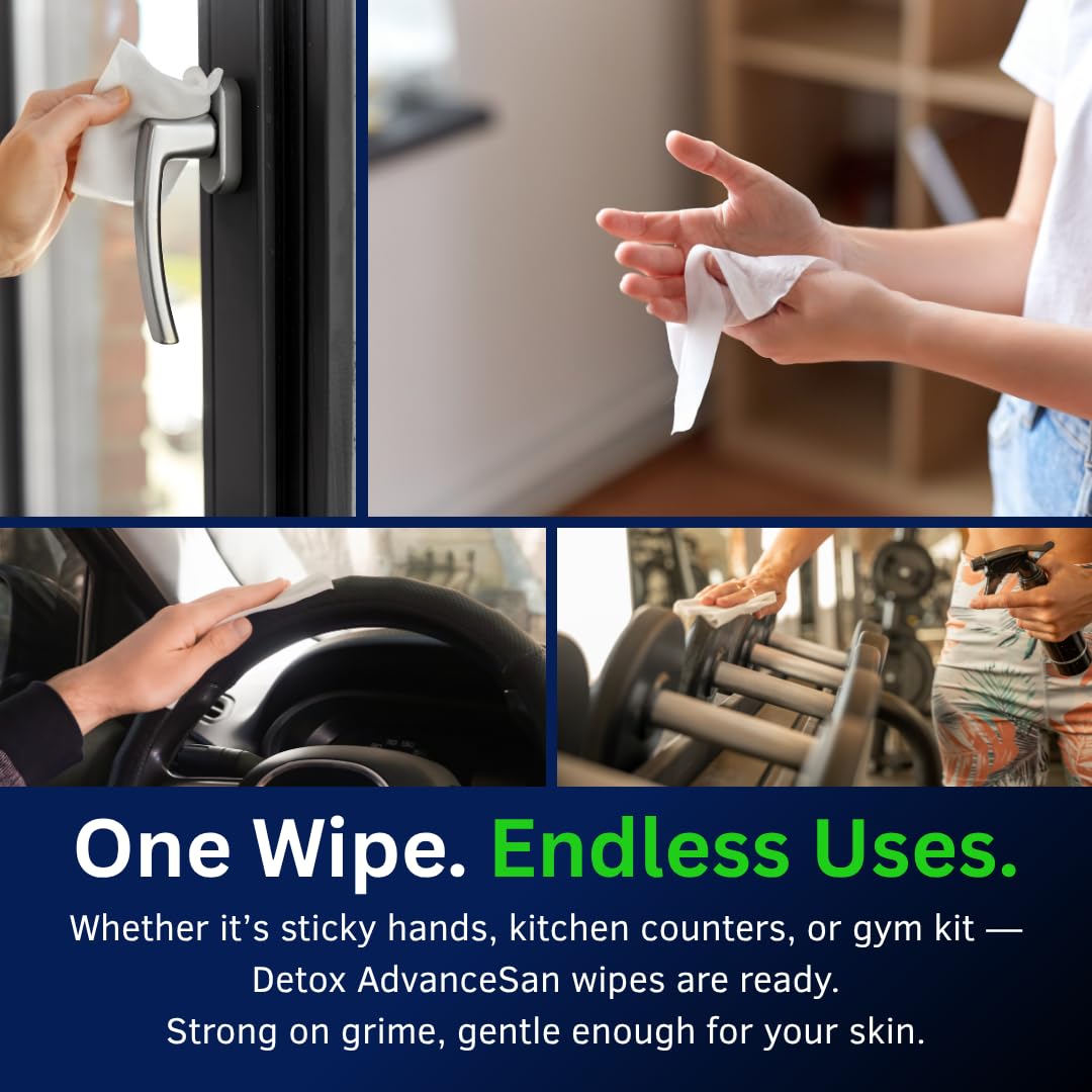 Detox AdvanceSan Multipurpose Antibacterial Wipes - Biodegradable, Lemon Scented, 80 Count