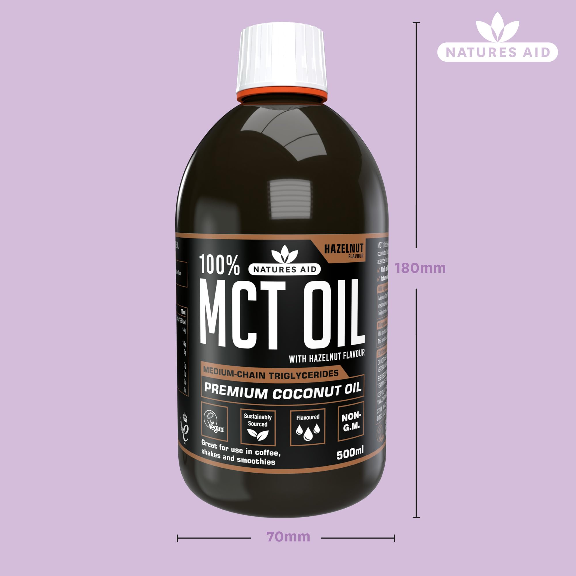Natures Aid MCT-Öl, 500 ml, Haselnussgeschmack – vegan, nachhaltig gewonnen aus Kokosöl für Kaffee, Smoothies und Dressings