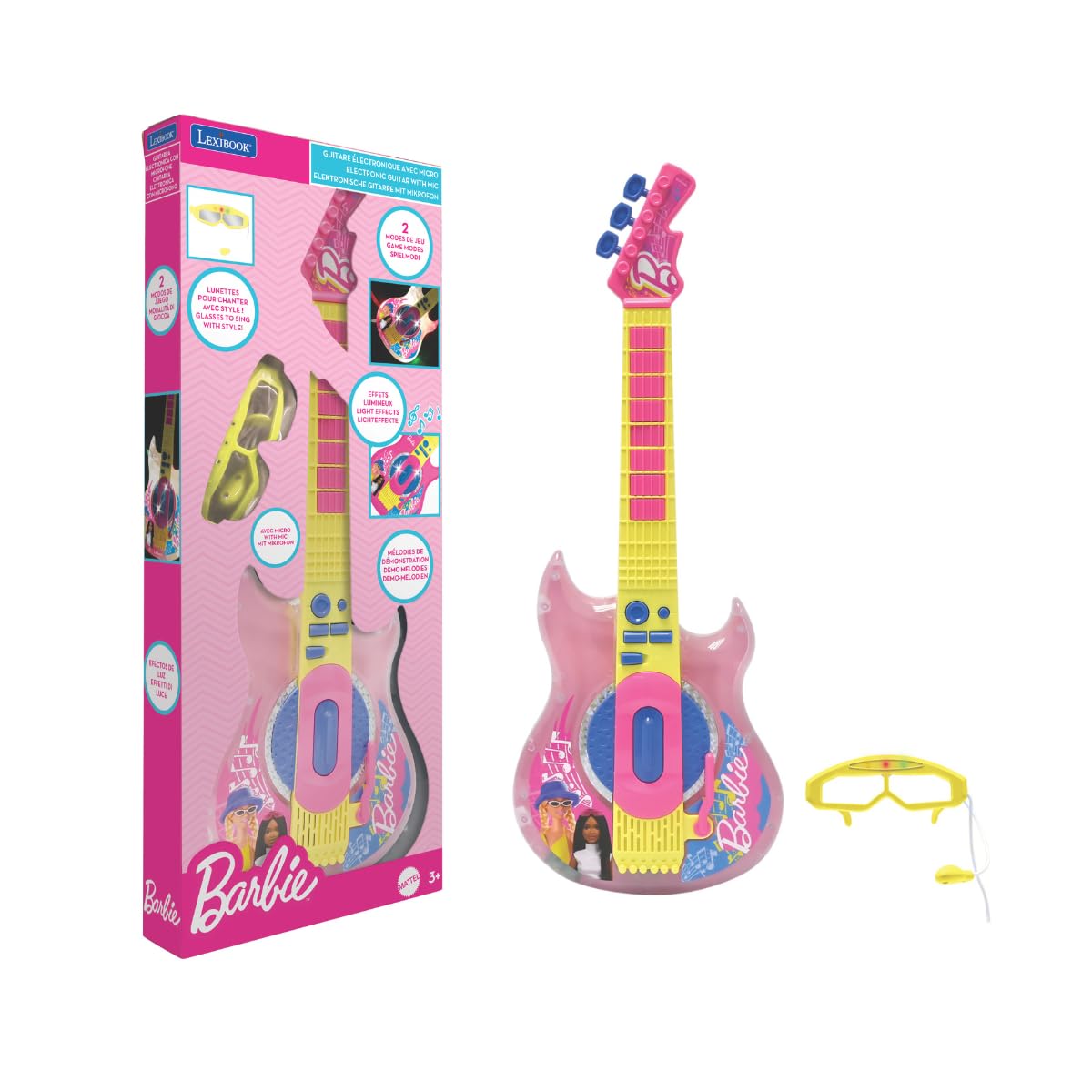 Barbie Electronic Guitar with Microphone & Glasses - 2 Play Modes, Light Effects, Pink/Yellow