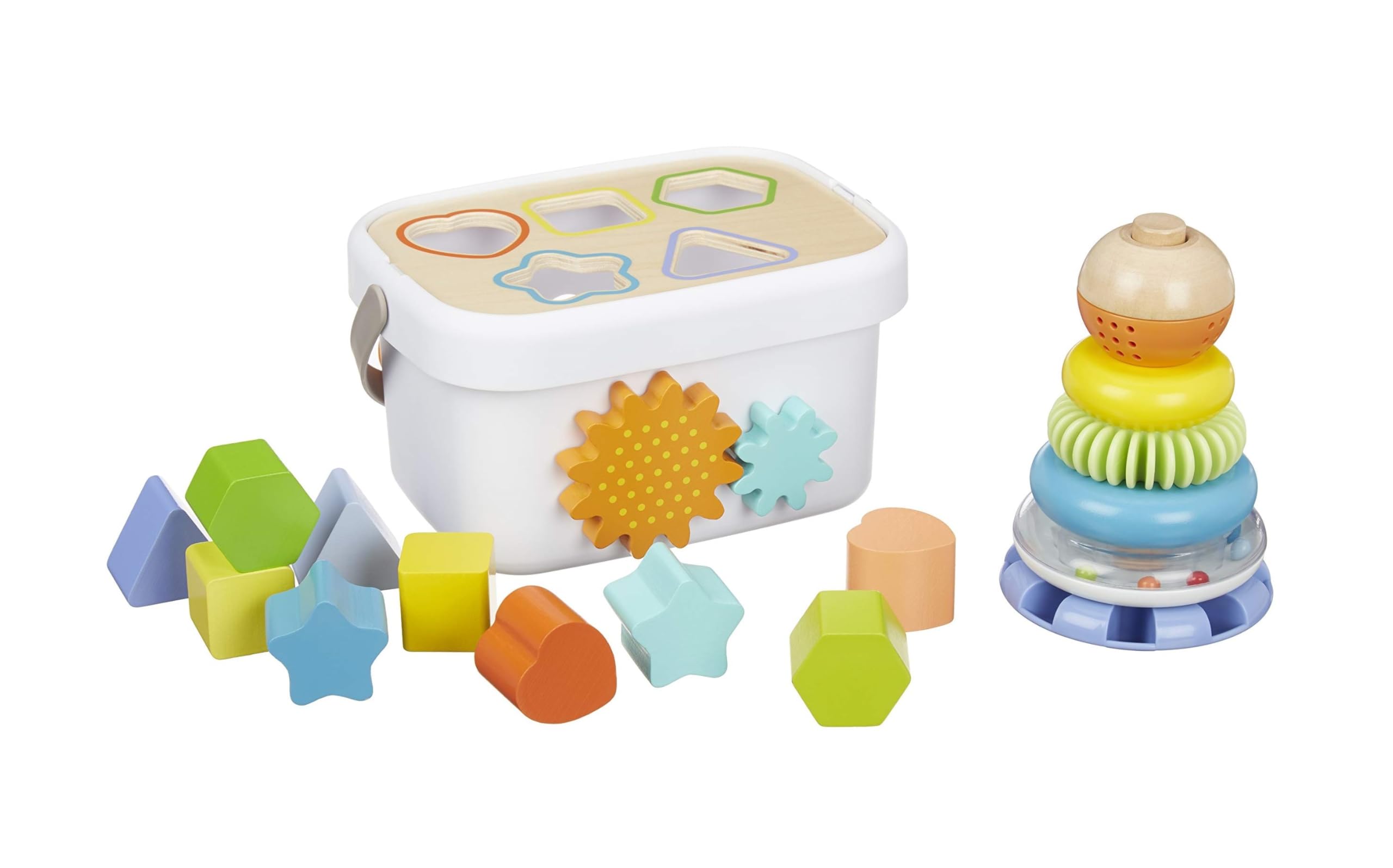 Amazon Basics Shape Sorter and Rainbow Stacker Classic Baby Toy Set | Wood and Plastic Construction | Multicolor