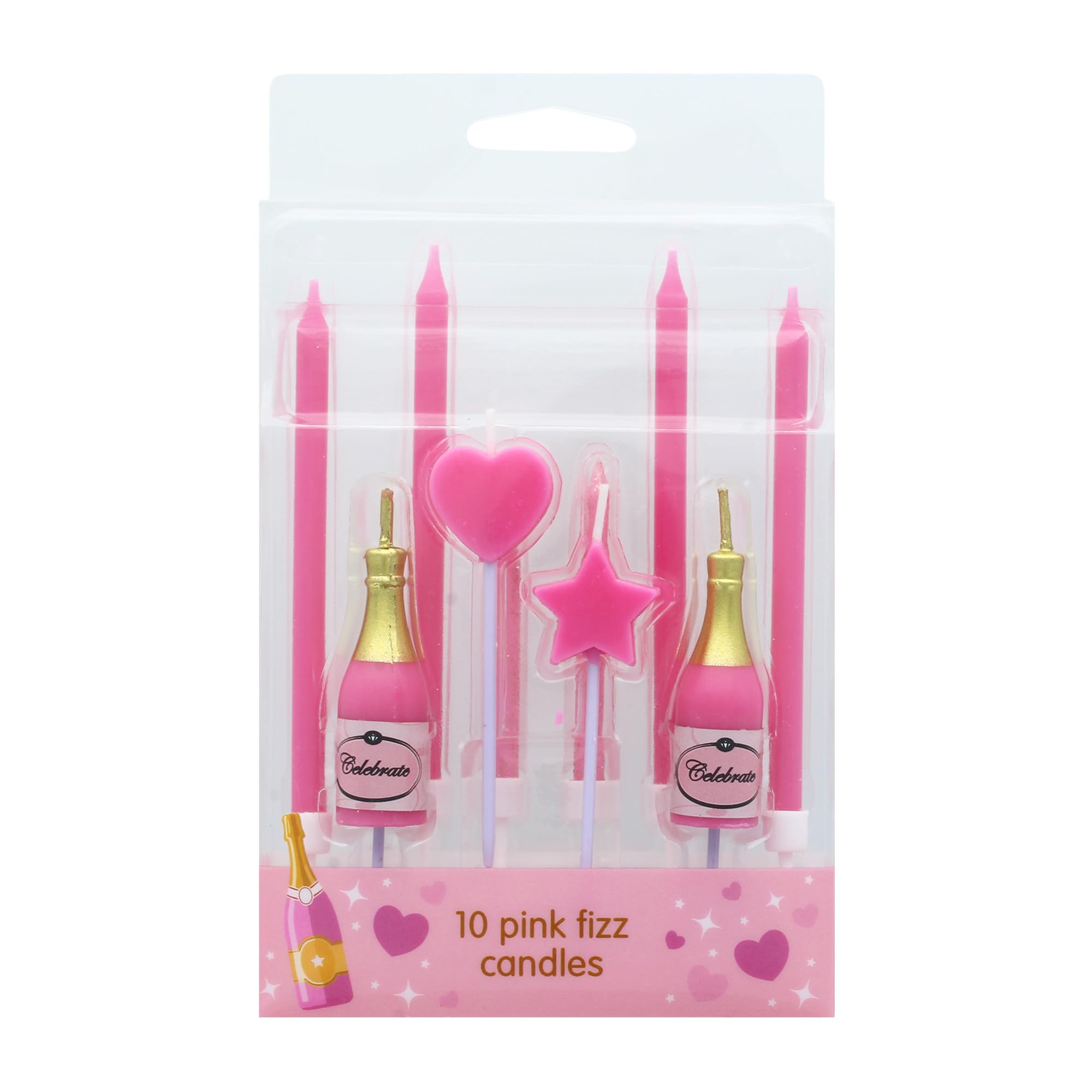 Culpitt Pink Fizz Cake Candles - 10 Piece Mixed Set with Glitter, Champagne Bottle, Heart & Star Shapes