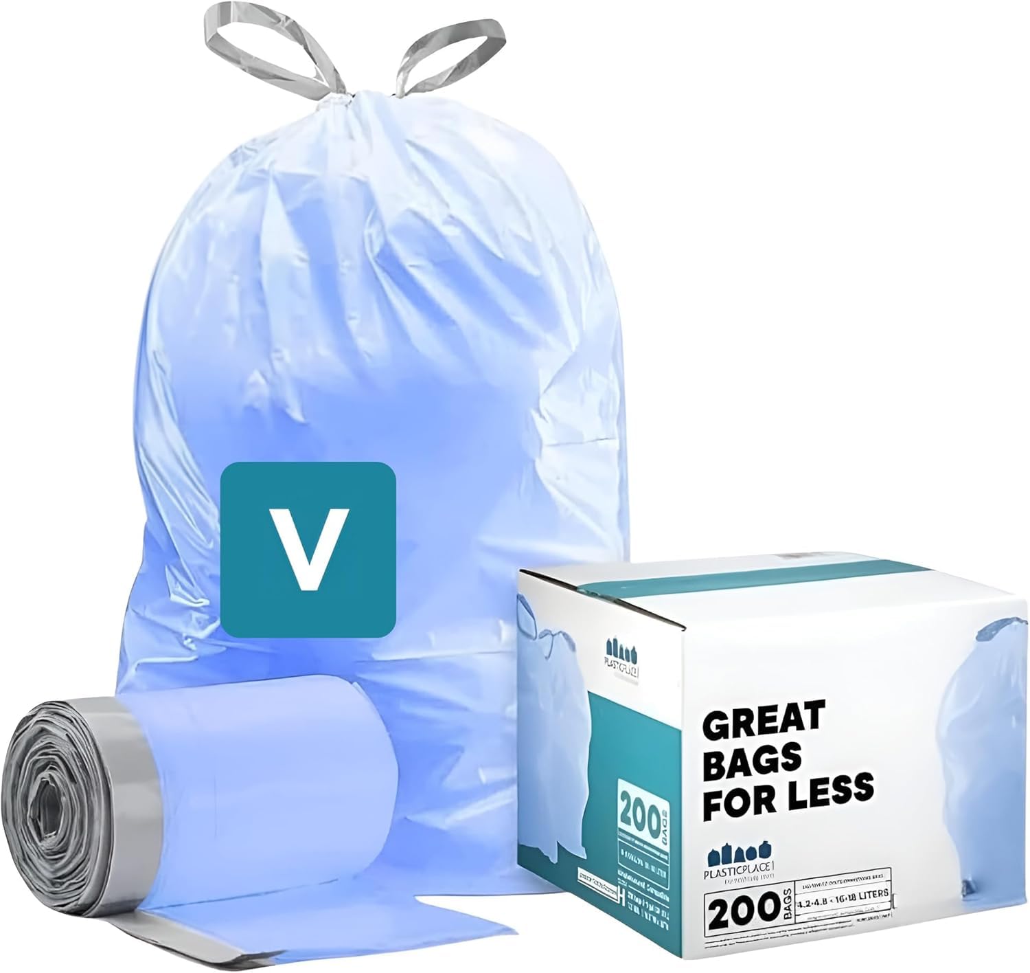 Plasticplace Custom Fit Trash Bags - Tear Resistant 1.2 Mil | Drawstring Closure | 100 Count Blue Bags