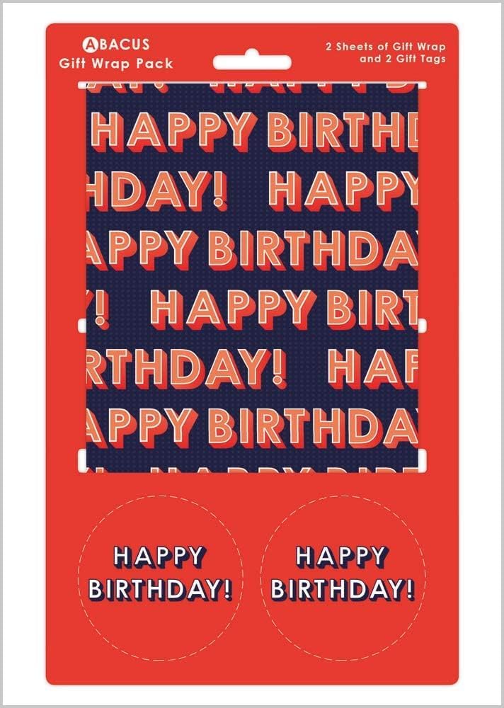 Abacus Birthday Text Gift Wrap Pack - 2 Sheets & 2 Tags | 100gsm Coated Paper | Plastic Free