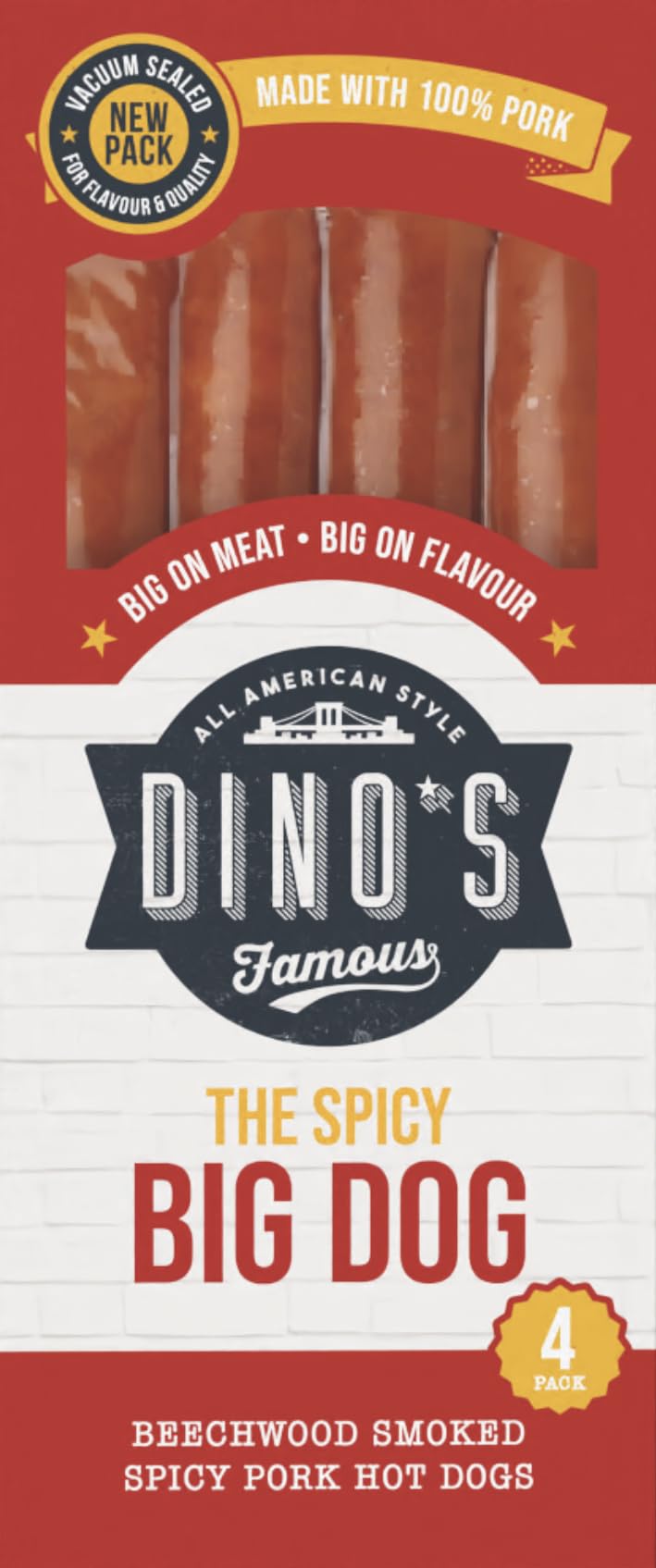 Dino's Famous All American Style Spicy Big Dog Pork Hot Dogs | 360g Pack | Beechwood Smoked